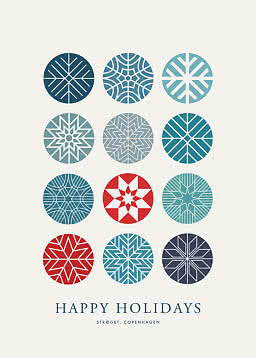 Poster con 12 motivi rotondi a fiocco di neve in blu e rosso e testo "Happy Holidays, Strøget, Copenhagen"