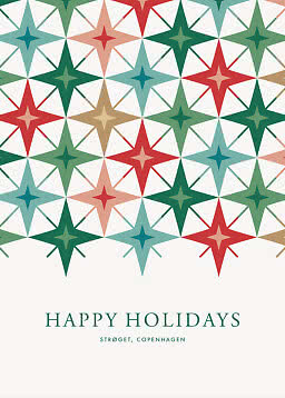 Weihnachtsposter mit bunten Sternornamenten und dem Text „Happy Holidays, Strøget, Copenhagen“