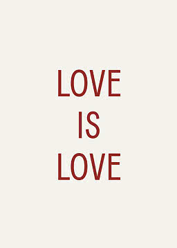 Poster with red text "LOVE IS LOVE" on a light beige background
