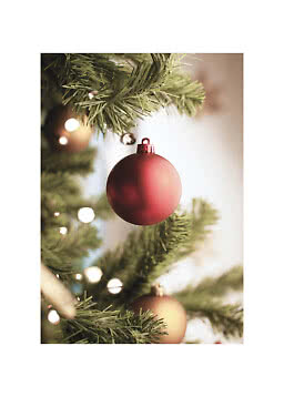 Pallina di Natale rossa opaca appesa a un albero verde con luci calde