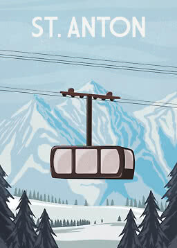 Illustration af gondolbane foran sneklædte bjerge med teksten ST. ANTON