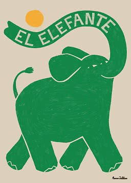 Grün illustrierter Elefant mit erhobenem Rüssel und Schriftzug „El Elefante“ auf beigem Grund