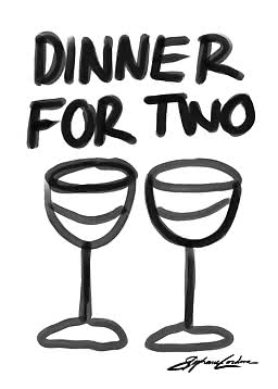 Poster tipografico nero con la scritta "Dinner for Two" e due calici di vino.
