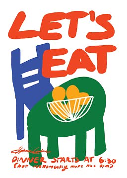 Kleurrijke poster met de tekst "LET'S EAT", een blauwe stoel, groene tafel en een schaal sinaasappels.