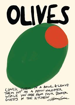 Plakat med stor grøn oliven, rød pimento og teksten “OLIVES” i sort håndskrift