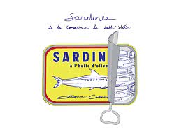 Illustration af åben gul sardindåse med optrækslåg og tegnede sardiner indeni