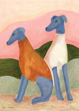 Illustration af to slanke mynder, en brun og en hvid, foran pink bakker