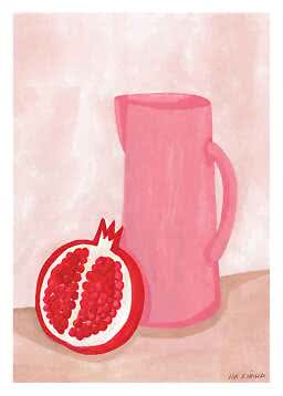 Illustration av en rosa kanna med ett halvt granatäpple framför på ljusrosa bakgrund