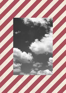 Schwarz-Weiß-Foto von Wolken auf rotem und cremefarbenem diagonalem Streifenhintergrund