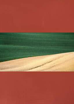 Abstrakte Landschaft mit grünen und sandfarbenen Wellen auf rostrotem Hintergrund