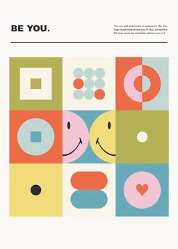Grafisk plakat med teksten "BE YOU" og farverige geometriske former, smileyer og hjerte.