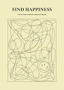 Plakat med teksten "Find Happiness", snoede linjer i en firkant og et smiley-ansigt nederst til højre.
