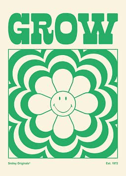 Grönt retrotryck med texten GROW och en leende blomma på krämfärgad bakgrund