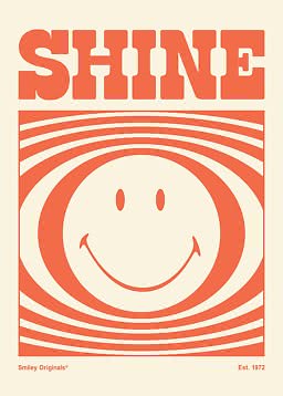 Poster grafico con scritta SHINE e faccina sorridente arancione su sfondo color crema