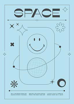 Lyseblå plakat med ordet SPACE, smiley, kugle og dekorative stjerner og linjer.