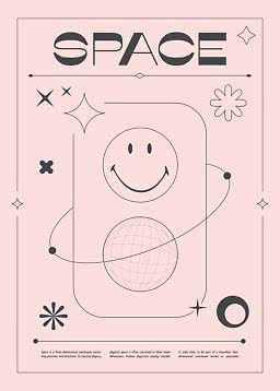 Poster rosa con scritta SPACE, faccina sorridente, sfera e forme a stella in stile rétro