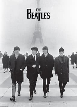 Black-and-white poster of The Beatles walking in front of the Eiffel Tower in fog