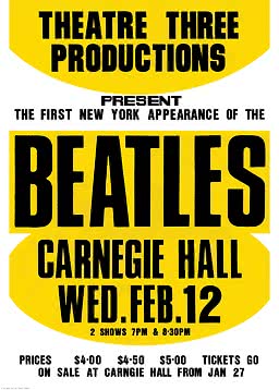 Gelbes Plakat für die Beatles in der Carnegie Hall am Mittwoch, 12. Februar, mit großer schwarzer Schrift.