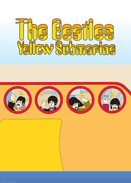 Illustration von The Beatles' Yellow Submarine mit der Band in runden Fenstern