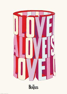 Affisch med ordet LOVE i stora 3D-bokstäver i rosa, rött och vitt, med The Beatles-logga längst ner