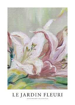 Póster con primer plano de lirios pintados en rosa y blanco y el texto Le Jardin Fleuri