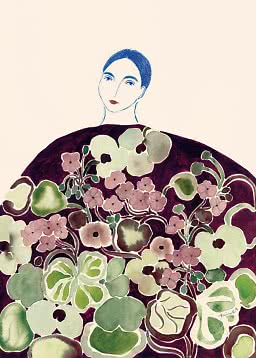 Illustration af kvinde med mørkt hår i blomsterdekoreret lilla kjole på lys baggrund