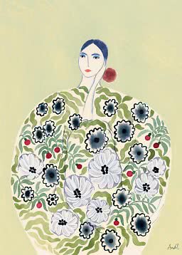 Illustration af kvinde i blomsterprydet kjole med blå og hvide blomster på lysegrøn baggrund