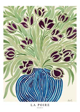 Stiliseret plakat med lilla tulipaner og grønne blade i en blå vase