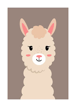 Sød illustration af en beige alpaka med lyserøde kinder på brun baggrund