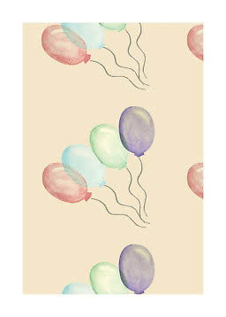 Mustertapete mit Aquarellballons in Rosa, Blau, Grün und Lila auf hellbeigem Hintergrund