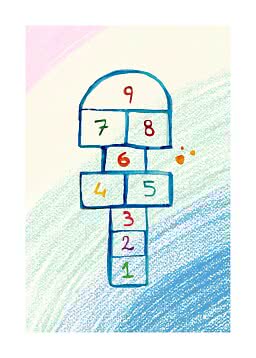 Colorful illustration of a hopscotch grid with numbers 1 to 9 on a pastel background