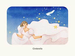 Illustration von Aschenputtel im rosa Ballkleid unter Sternenhimmel mit schwebendem Glasschuh