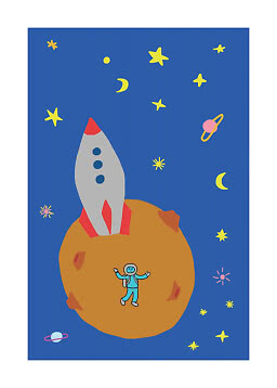 Farverig illustration af raket og astronaut på en orange planet i rummet med stjerner og måner