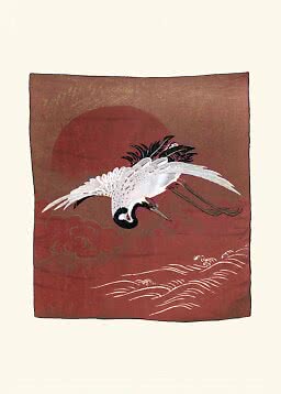 Japansk illustration av en flygande vit trana framför en röd sol över stiliserade vågor