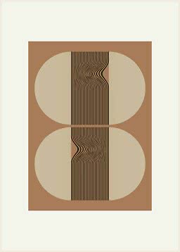 Abstract geometric poster in beige and brown with two circles and wavy black lines in the center