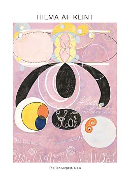 Plakat z abstrakcyjnym dziełem Hilmy af Klint The Ten Largest, No. 6 w różu, żółci, czerni i błękicie.