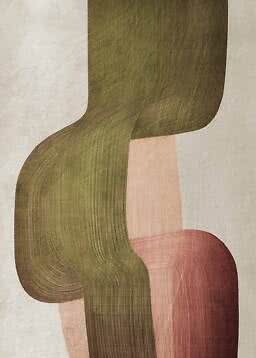 Arte mural abstracto con formas curvas en verde oliva, rosa y beige sobre fondo claro