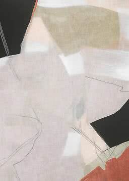 Abstract painting with soft beige and white shapes, black blocks and fine sketch lines