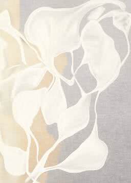 Diseño floral abstracto con grandes pétalos blancos sobre fondo gris y beige