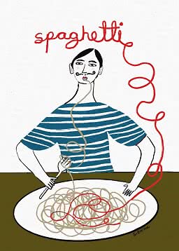 Illustration eines Mannes mit Schnurrbart im gestreiften Shirt vor einem Teller Spaghetti