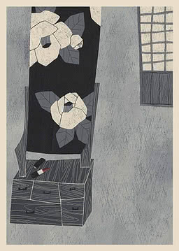 Illustration d'une coiffeuse avec miroir, fleurs blanches et rouge à lèvres dans un intérieur gris
