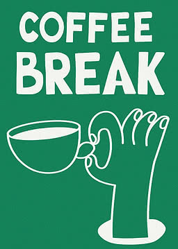 Zielony wzór z napisem "COFFEE BREAK" i białym rysunkiem dłoni trzymającej filiżankę