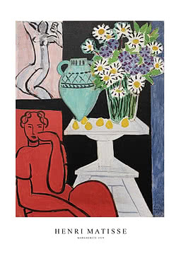 Plakat med Matisse-maleri af rød figur i stol ved bord med vase og blomster