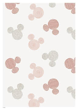Weiße Tapete mit Mickey-Mouse-Muster in Rosa und Grau, mit Streifen, Punkten und Kreisen