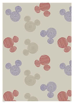 Beige Tapete mit Mickey-Mouse-Kopfmotiven in Rot, Blau und Grau.