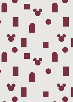 Weißes Muster mit dunkelroten Mickey-Köpfen, Kreisen, Quadraten und Bogenformen