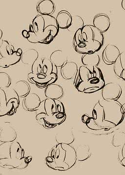 Muster mit Mickey-Mouse-Gesichtsskizzen in schwarzen Linien auf beigem Hintergrund