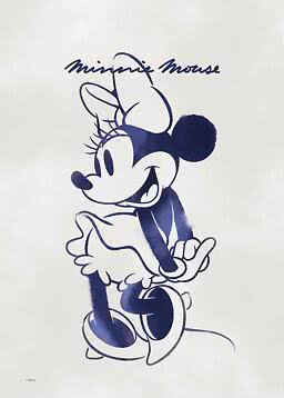 Dunkelblaues Minnie-Maus-Motiv auf weißem Hintergrund, Minnie stehend mit Schriftzug oben