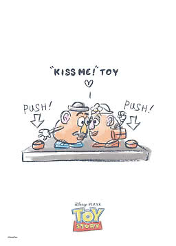 Toy Story illustration of Mr. and Mrs. Potato Head kissing on a platform with push buttons.