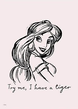 Schwarz-weiße Zeichnung einer Disney-Prinzessin mit Text „Try me, I have a tiger“